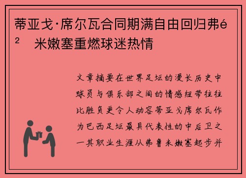 蒂亚戈·席尔瓦合同期满自由回归弗鲁米嫩塞重燃球迷热情