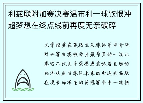 利兹联附加赛决赛温布利一球饮恨冲超梦想在终点线前再度无奈破碎